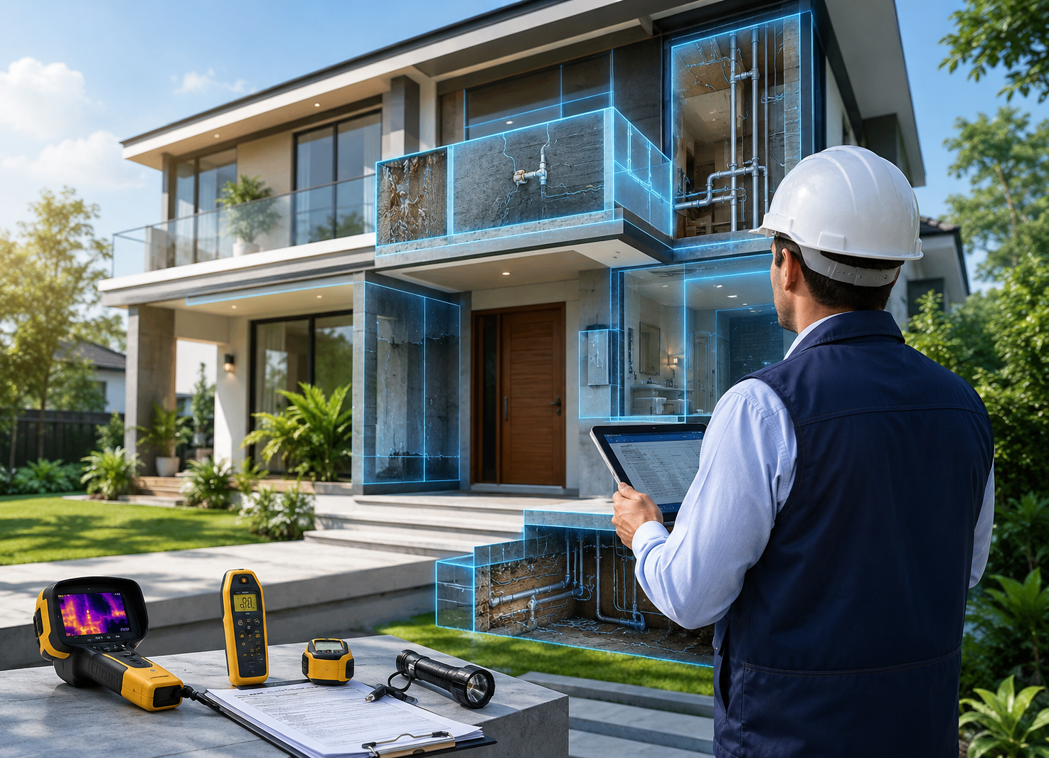 Certified engineer conducting a property health inspection
